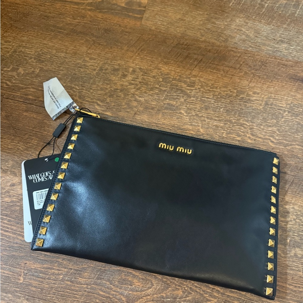 Miu Miu Black Leather Studded Zip Clutch – Authentic – NWT